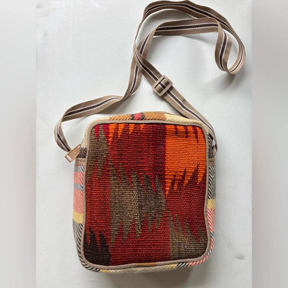 Unique Turkish Kilim Cross-Body Bag Colorful Geometric Pattern & Evil Eye Bead